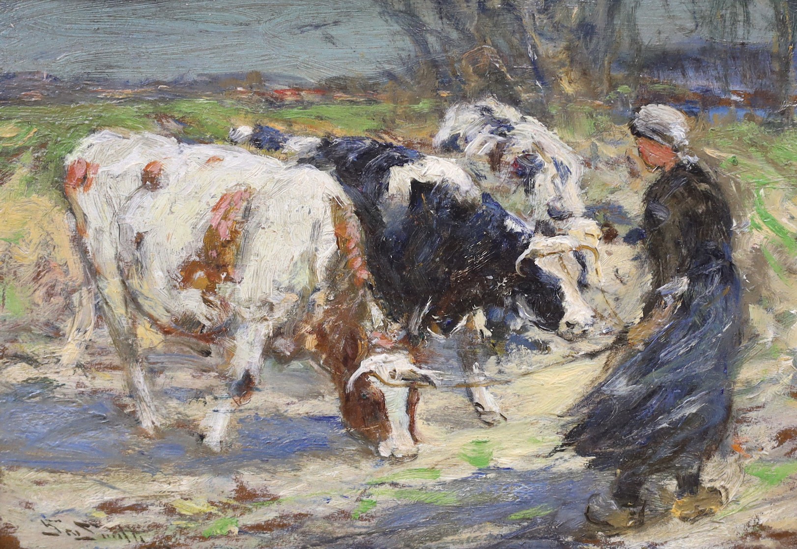 George Smith (1870-1934), oil on wooden panel, Cowherd and cattle, signed, 17 x 24cm